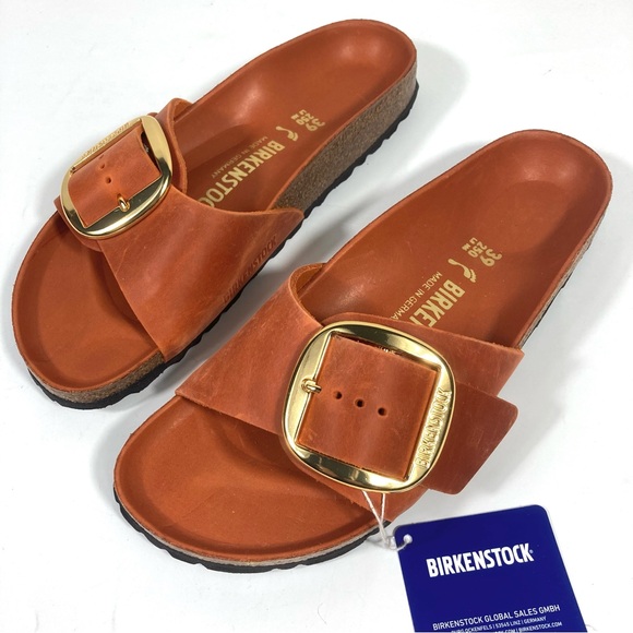 Birkenstock Madrid Big Buckle Slide Sandals Oiled Leather Burnt Orange NEW - Picture 10 of 17